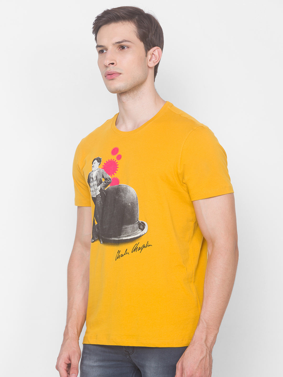 Charlie Chaplin Spykar Men Yellow Cotton Slim Fit Round Neck T-Shirt