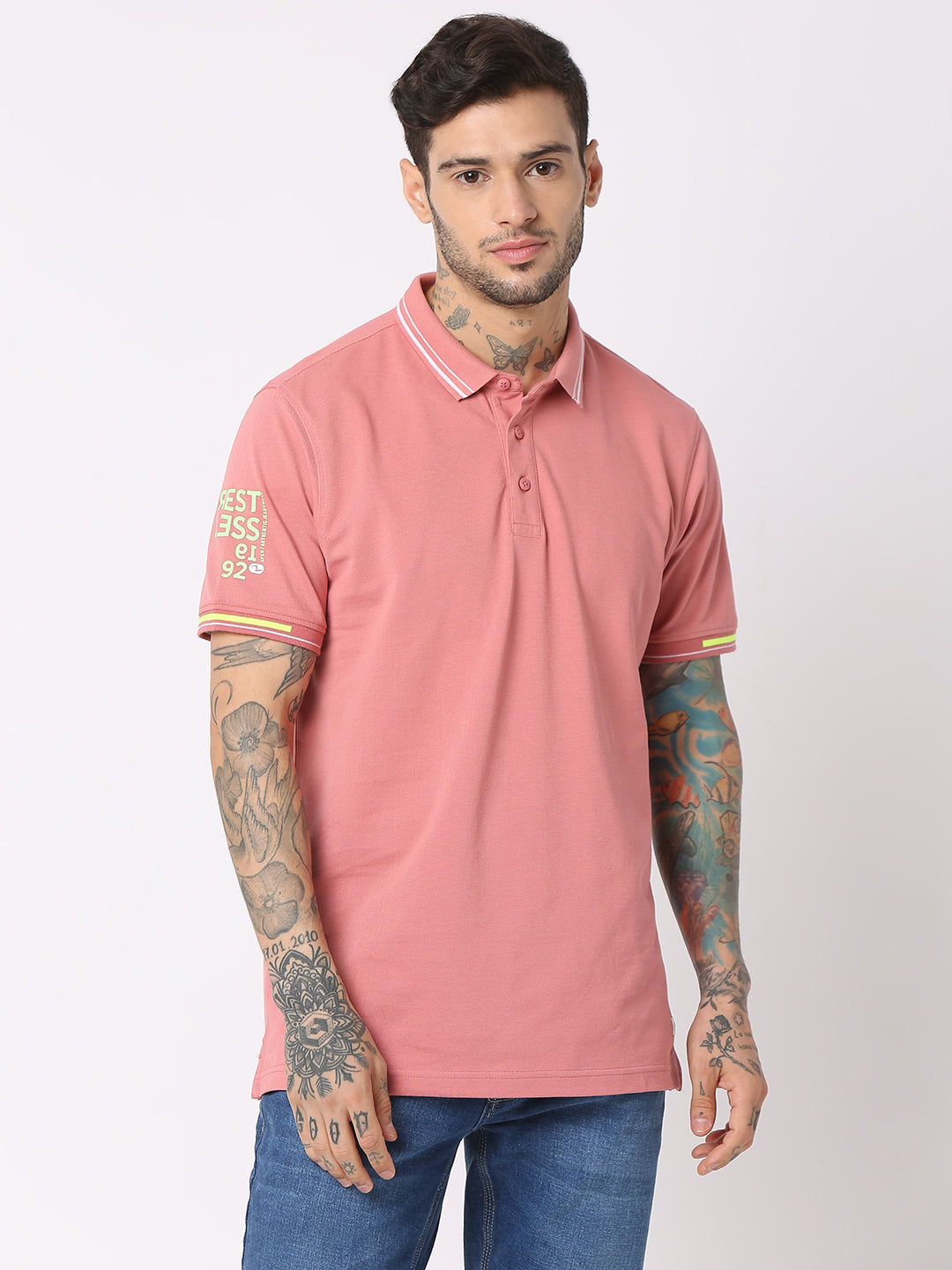 Spykar Men Dusty Pink Cotton Regular Fit Polo Plain T-Shirt