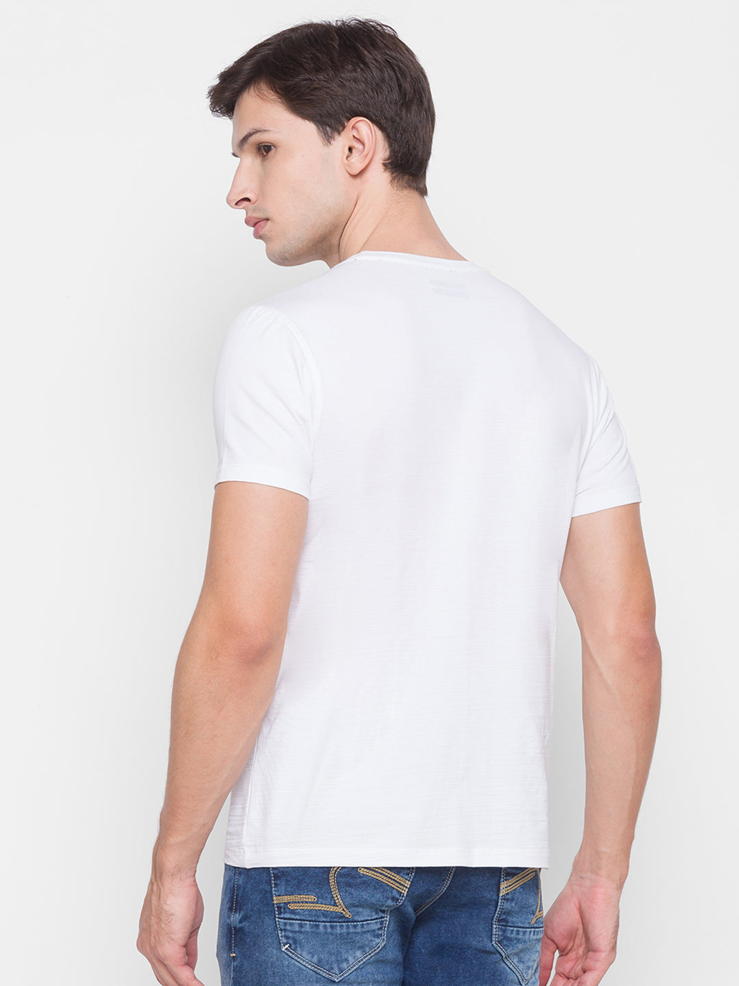 Spykar Men White Cotton Slim Fit Round Neck T-Shirt