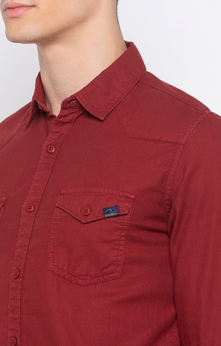 Spykar Red Cotton Slim Fit Shirts For Men