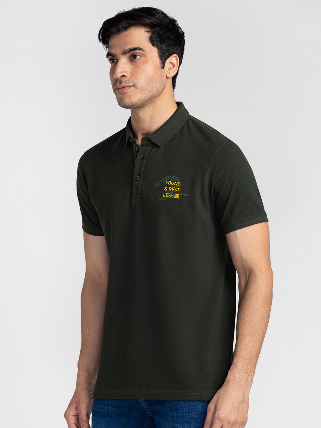 Spykar Men Bottle Green Cotton Slim Fit Polo Plain T-Shirt