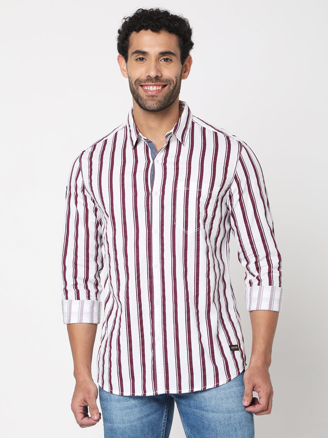 Spykar Men Plum Red Cotton Slim Fit Full Sleeve Striped Shirt