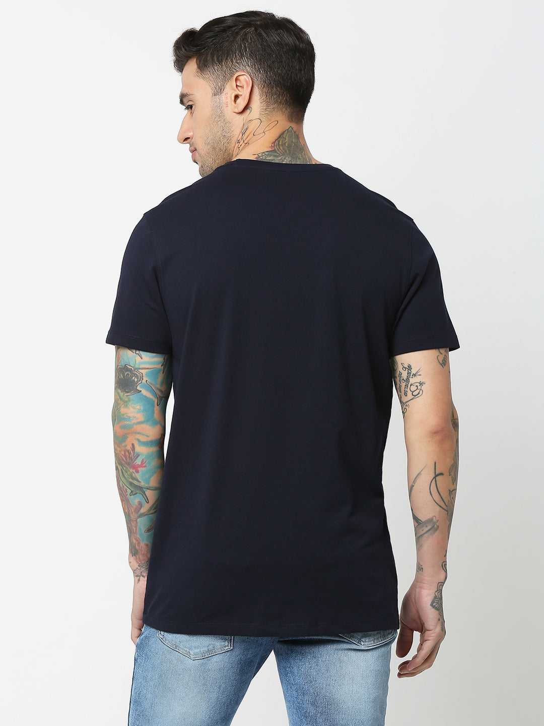 Spykar Men Navy Blue Cotton Slim Fit Round Neck Printed T-Shirt