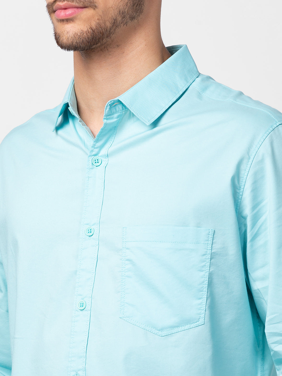 Spykar Men Bleached Aqua Cotton Slim Fit Plain Shirt