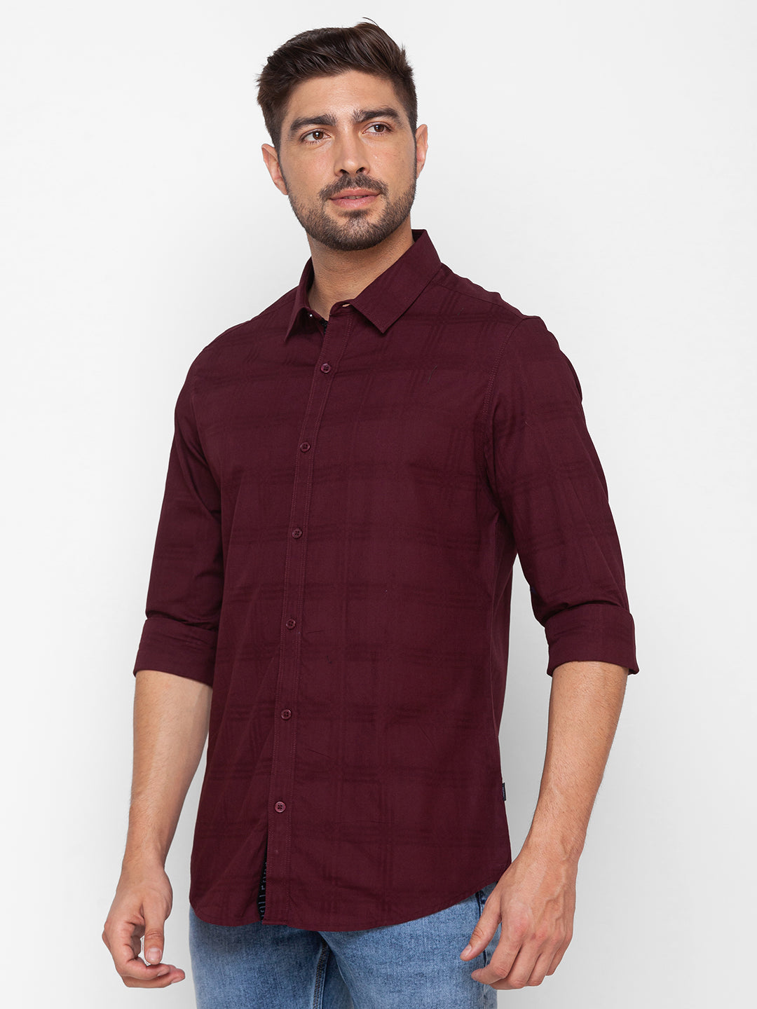 Spykar Wine Red Cotton Full Sleeve Plain Shirt For Men