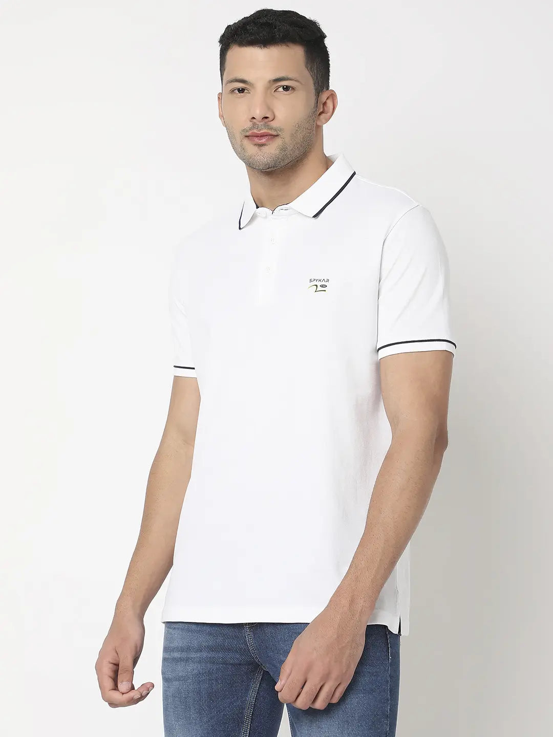 Spykar Men White Cotton Regular Fit Plain Polo Tshirt