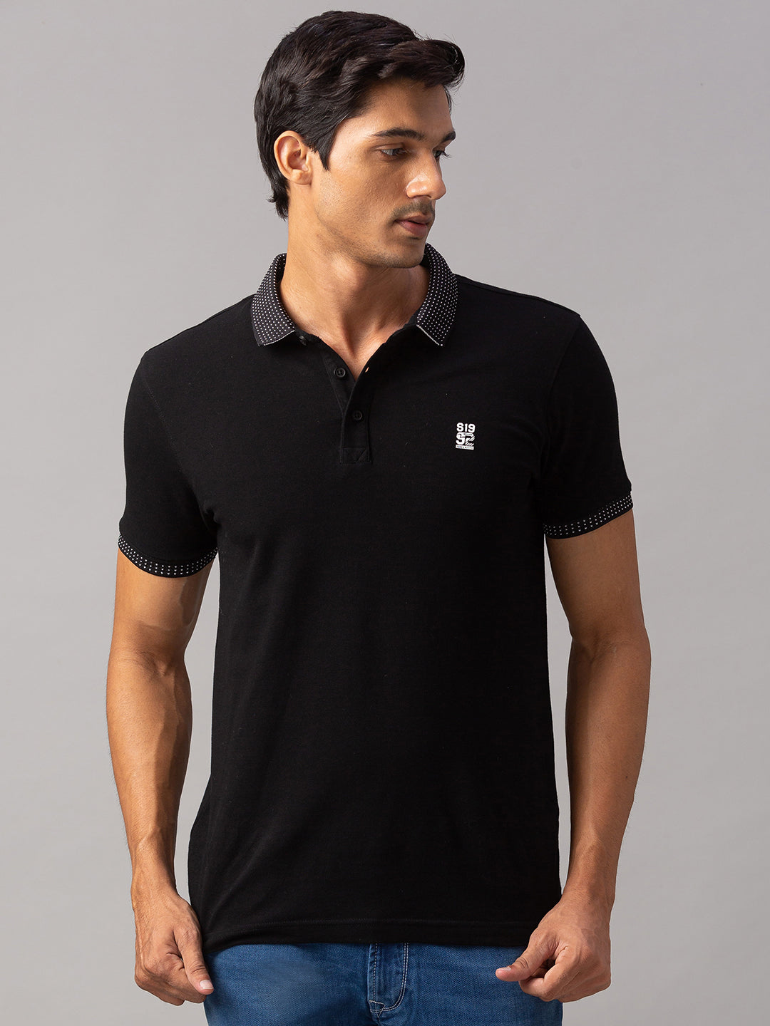 Spykar Men Black Cotton Slim Fit Polo T-Shirt