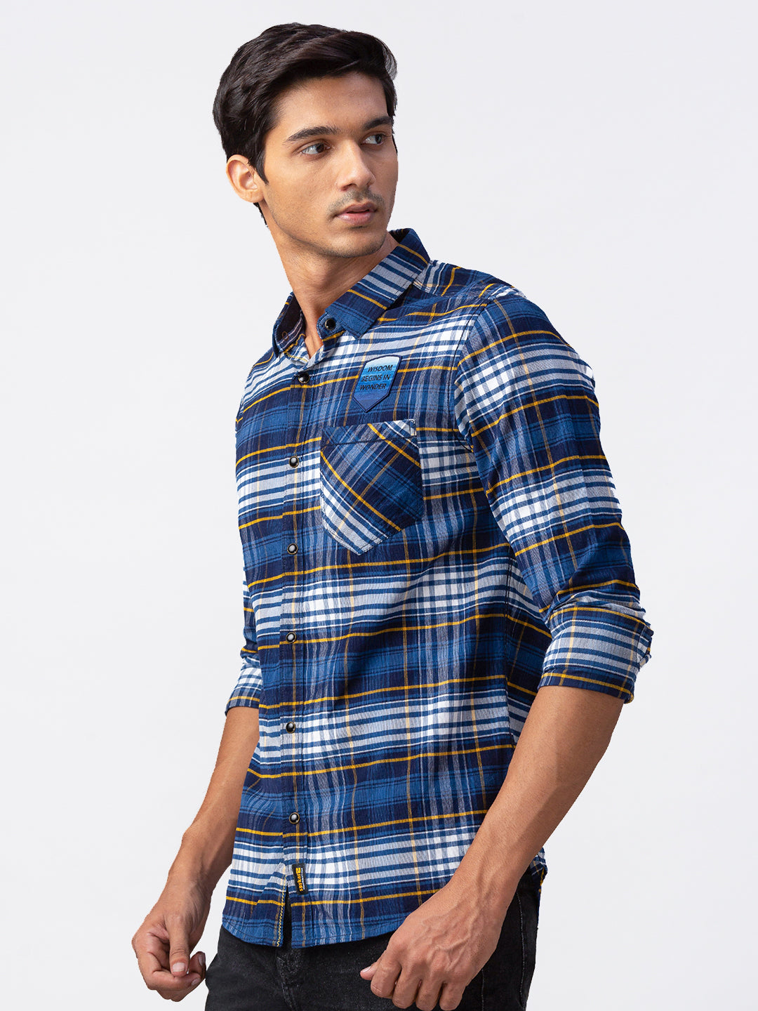 Spykar Men Navy Blue Cotton Slim Fit Full Sleeve Checkered Shirt