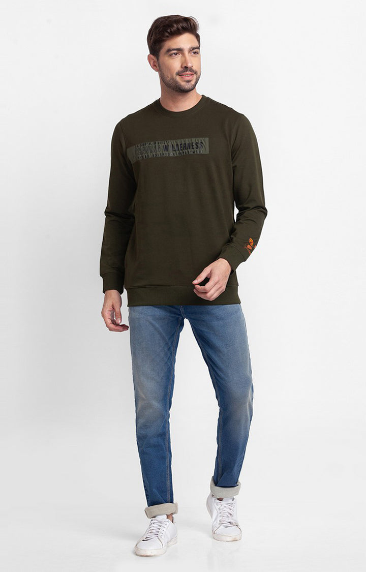 Spykar Rifle Green Cotton Full Sleeve Round Neck Sweatshirt For Men