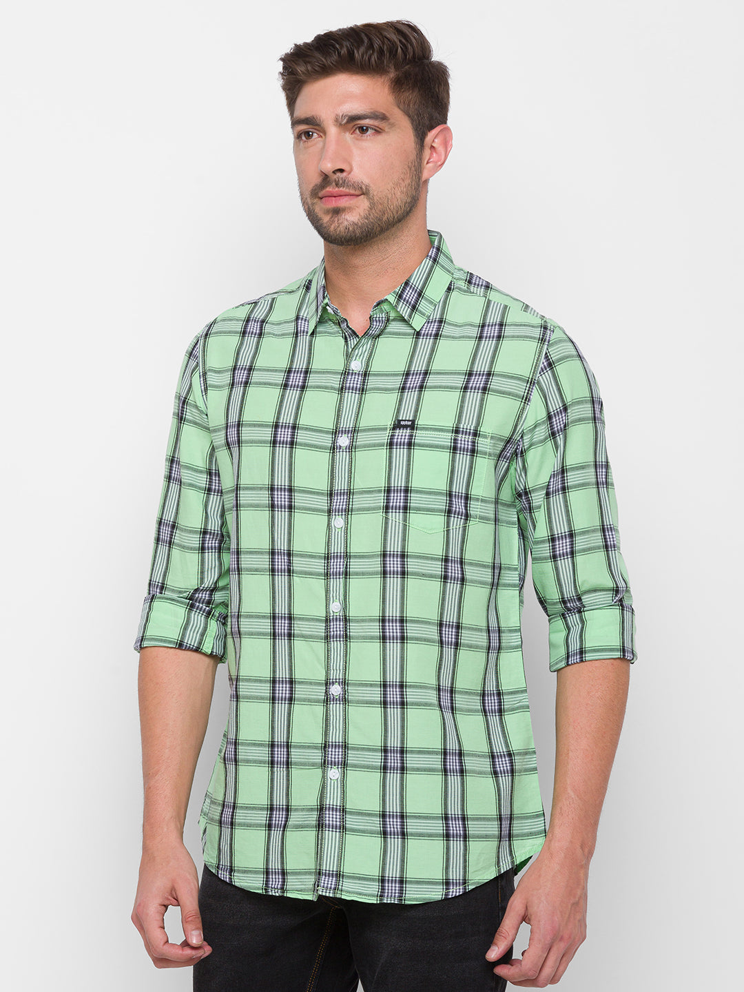 Spykar Green Cotton Slim Fit Shirts For Men