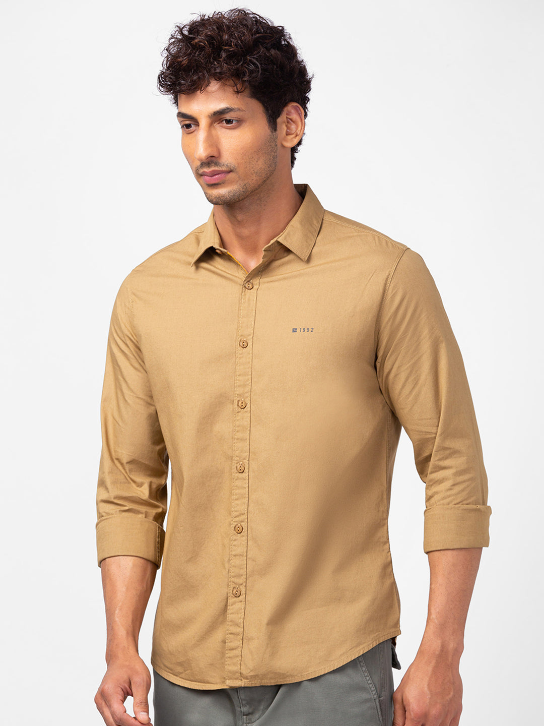 Spykar Men Khaki Cotton Slim Fit Plain Shirts