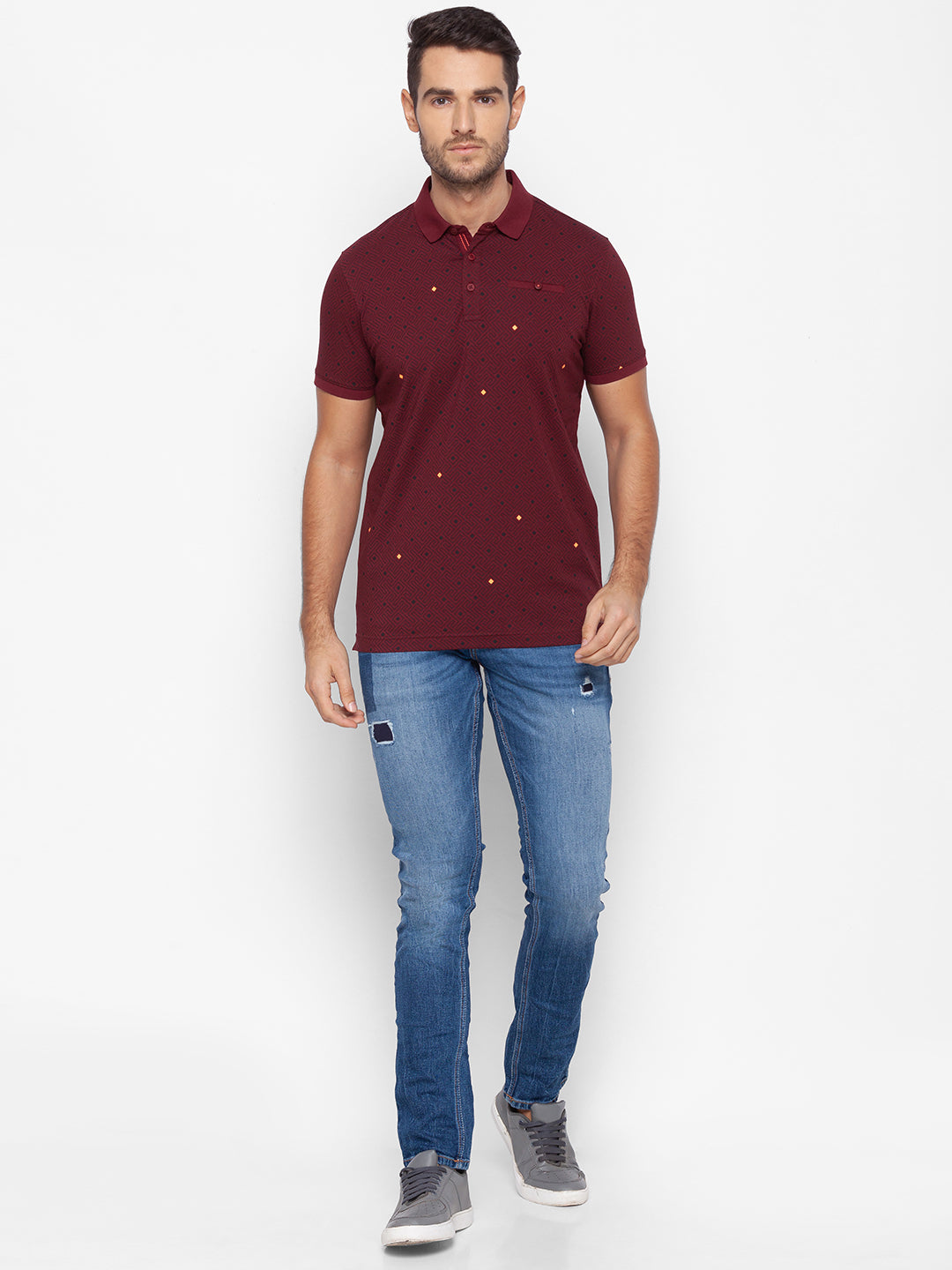 Spykar Men Red Cotton Slim Fit Polo T-Shirt