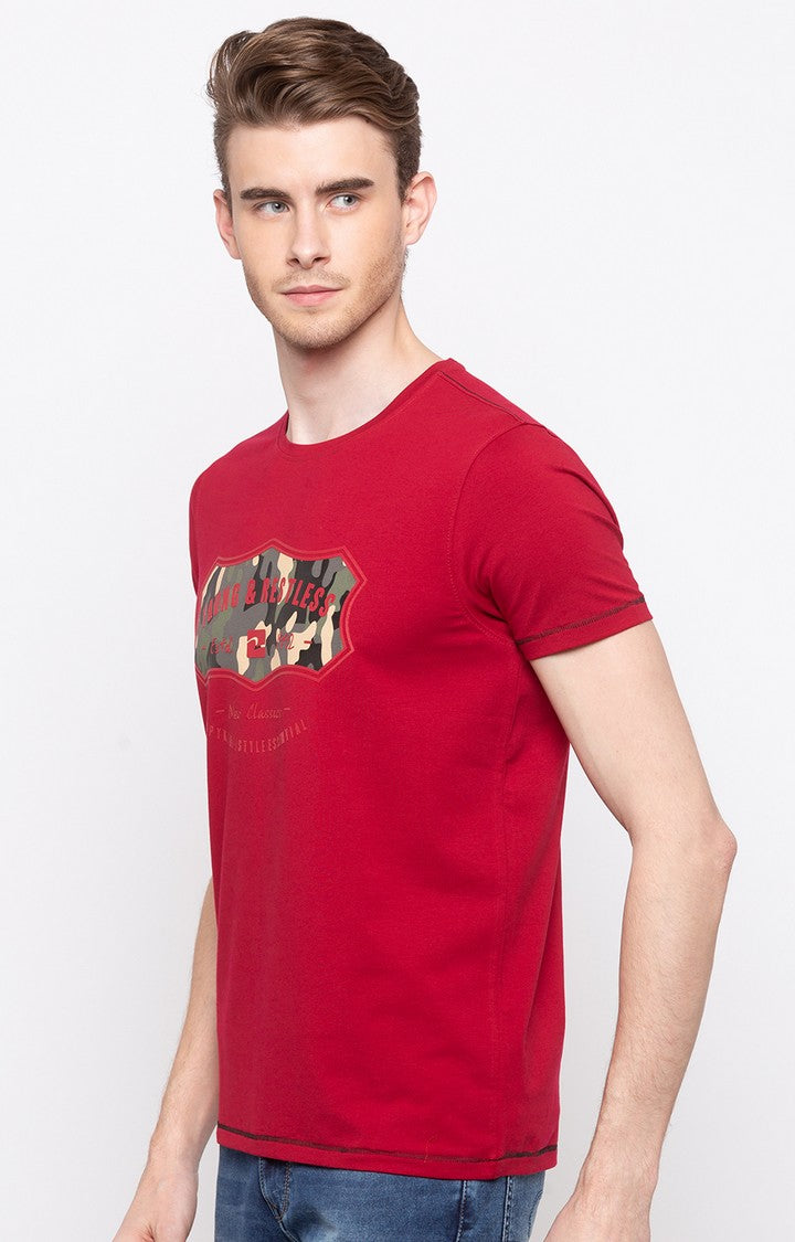 Spykar Red Printed Slim Fit Men T-Shirts