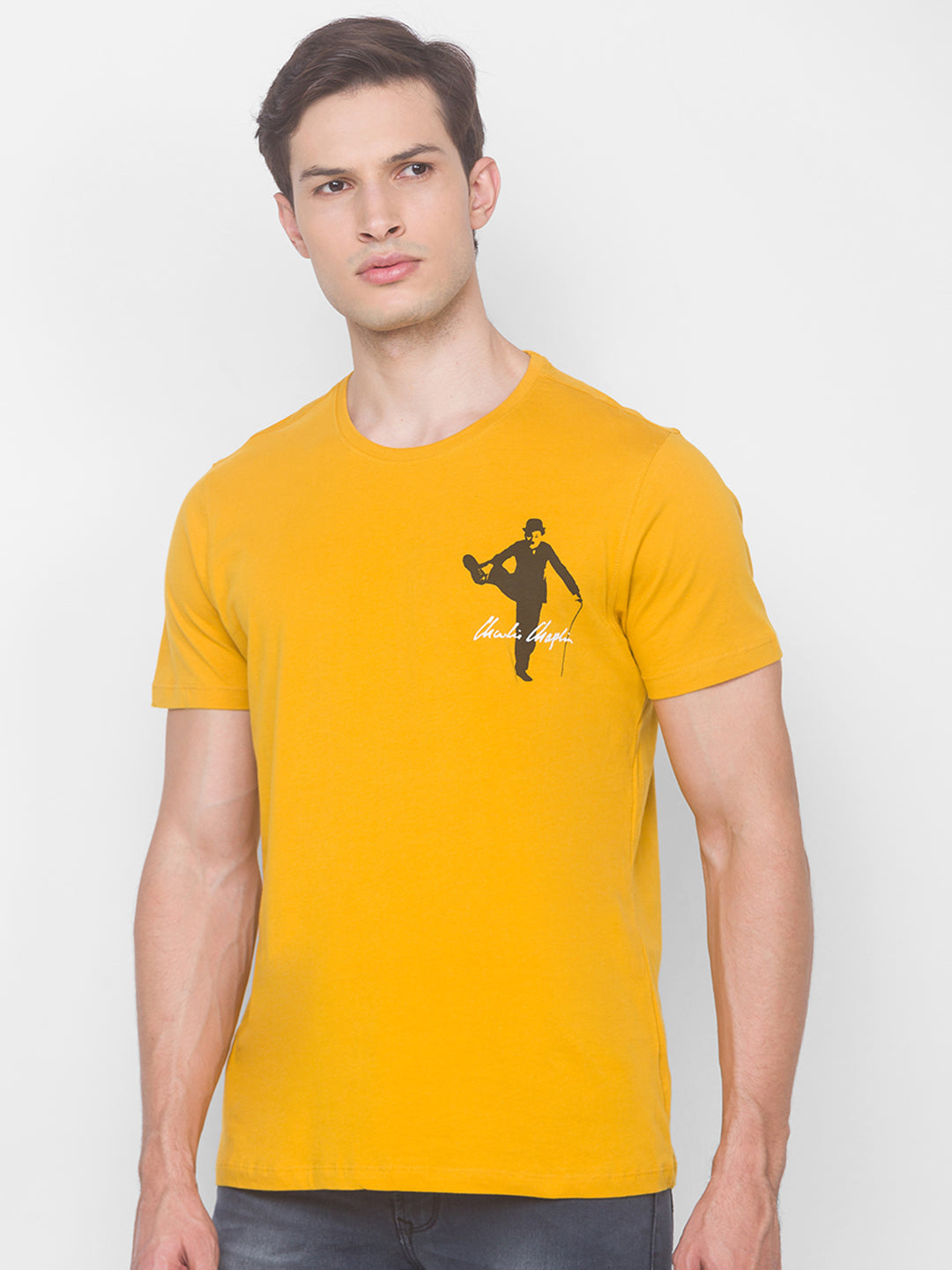 Charlie Chaplin Spykar Men Yellow Cotton Slim Fit Round Neck T-Shirt