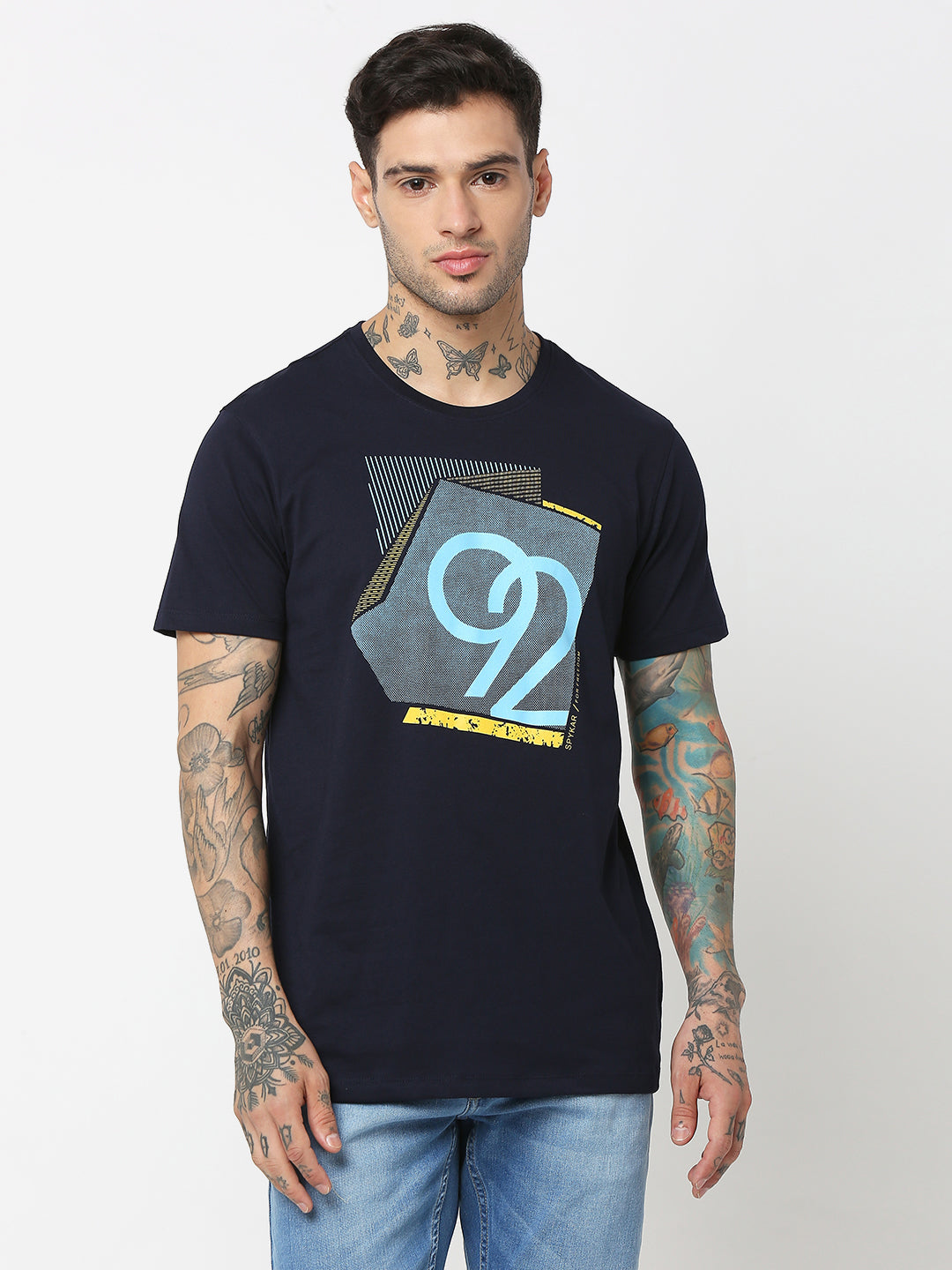 Spykar Men Blue Cotton Slim Fit Round Neck Printed T-Shirt