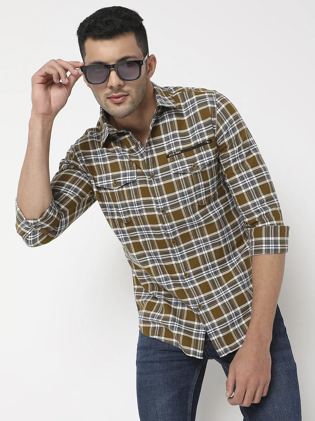 Spykar Men Moss Green Cotton Slim Fit Checkered Shirt