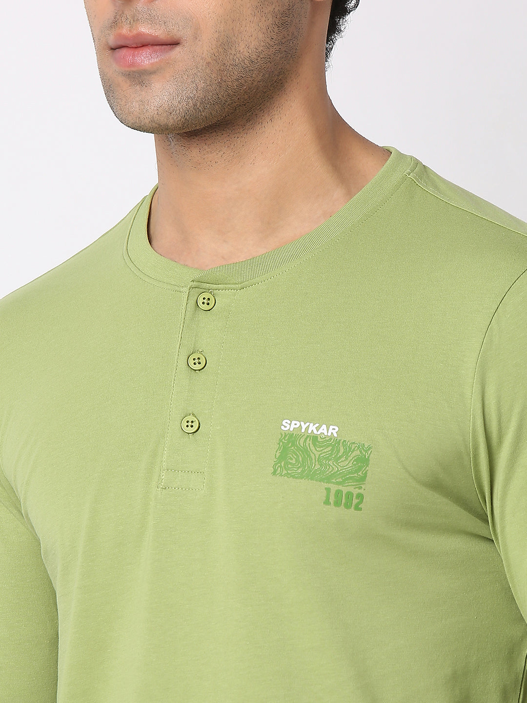 Spykar Men Dusty Green Cotton Slim Fit Henley Neck Plain T-Shirt