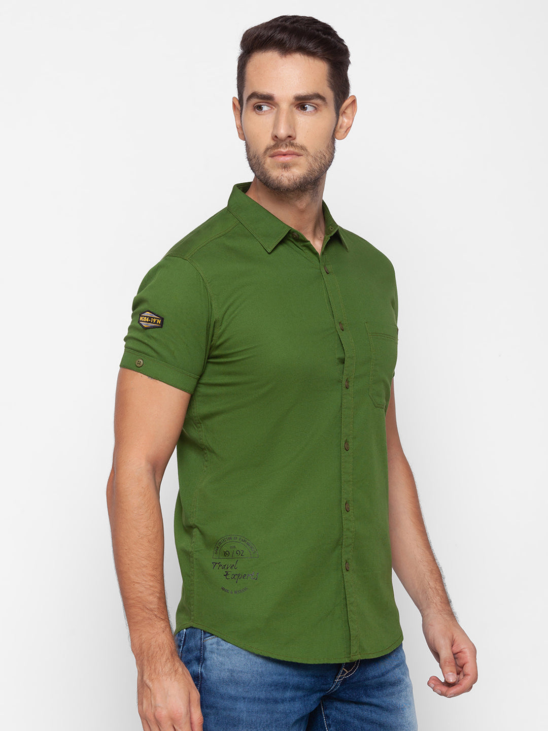 Spykar Slim Fit Green Cotton Men Shirt