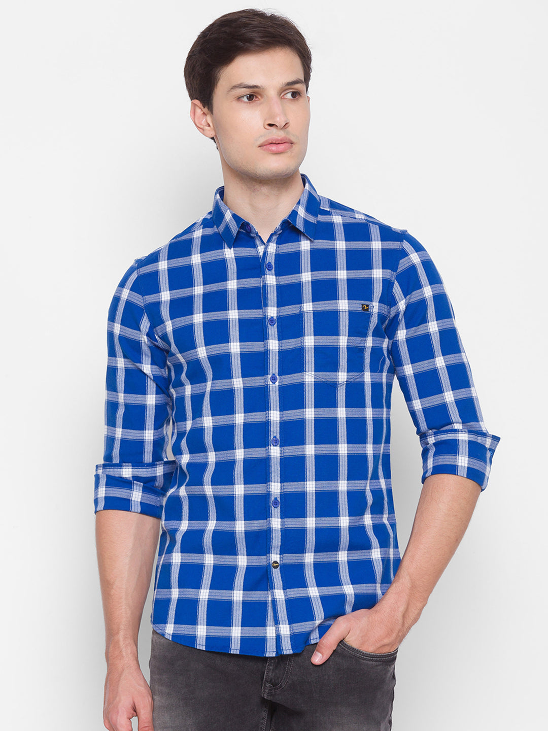 Spykar Slim Fit Blue Cotton Men Shirt