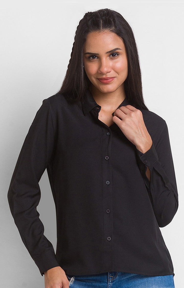 Spykar Black Cotton Full Sleeve Plain Shirts For Women