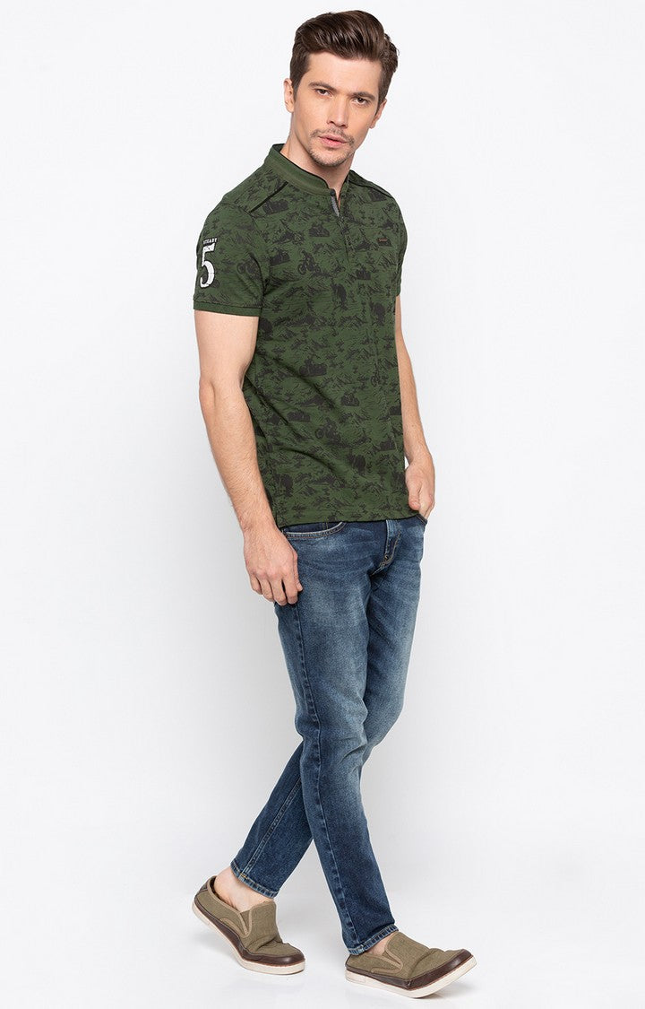 Spykar Olive Printed Slim Fit Men T-Shirts