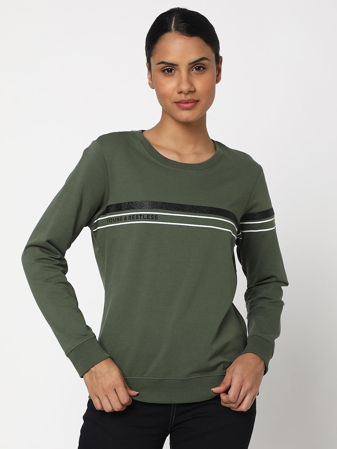 Spykar Olive Green Cotton Blend Full Sleeve Round Neck Sweatshirts For Women