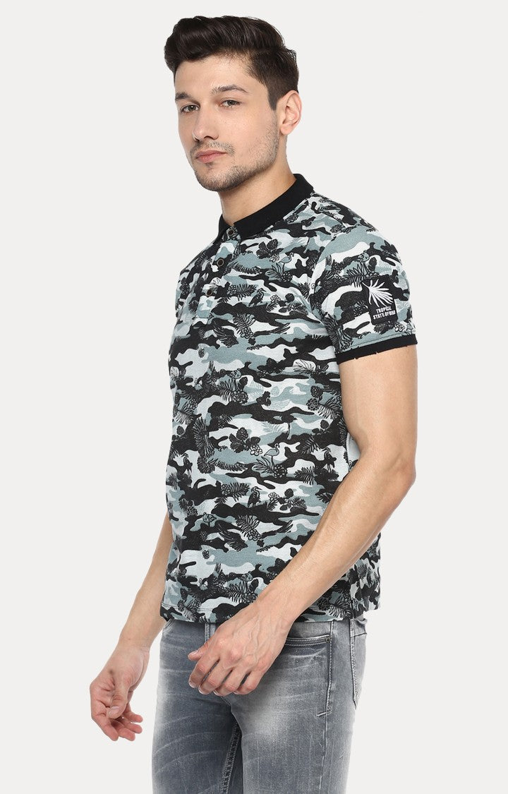 Spykar Black Camouflage Slim Fit Polo T-Shirt