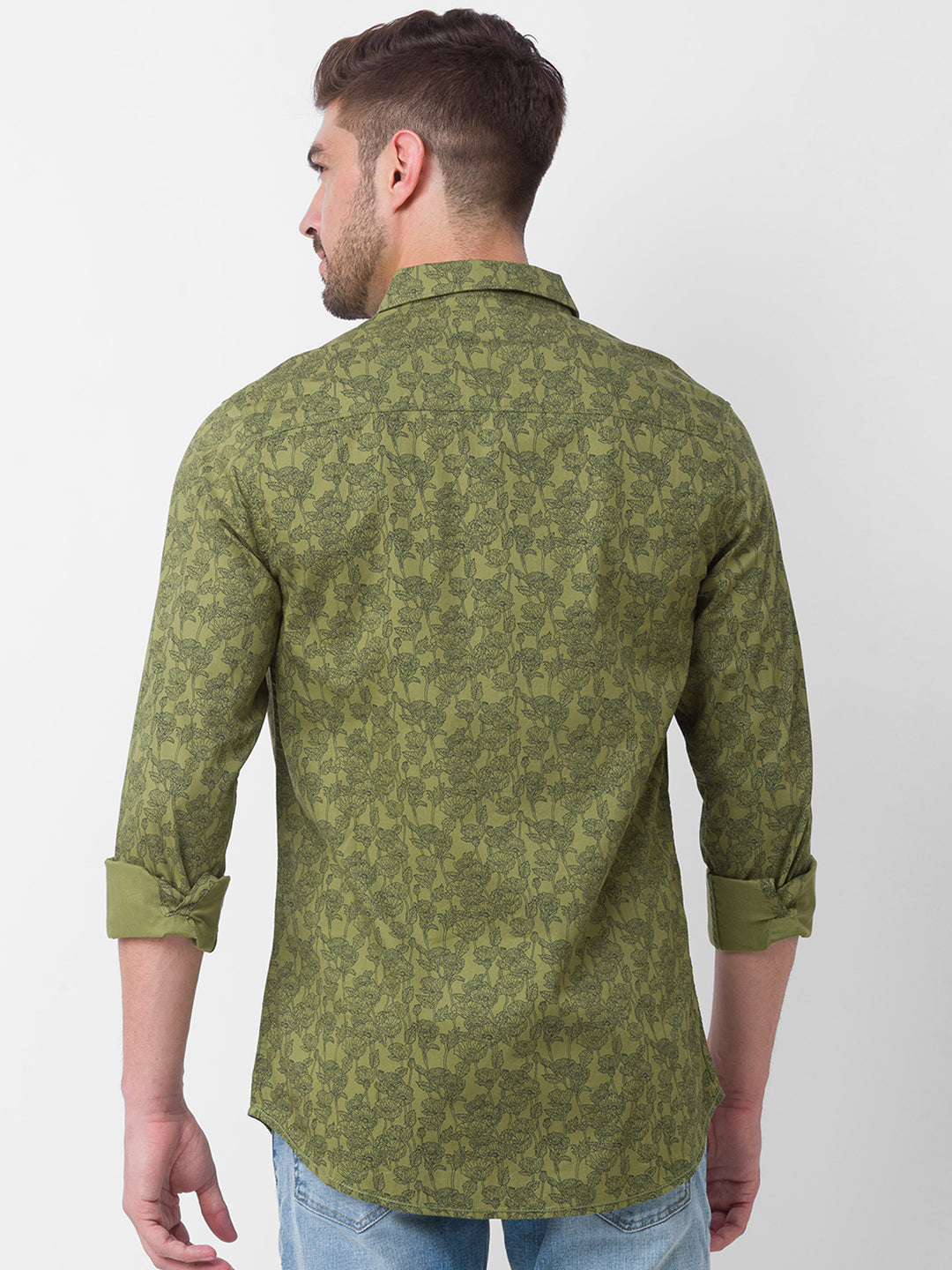 Spykar Moss Green Cotton Full Sleeve Printed Shirt For Men