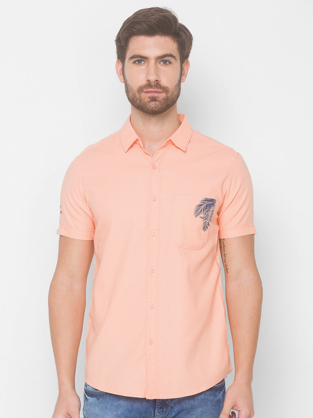 Spykar Men Light Peach Cotton Slim Fit Shirt