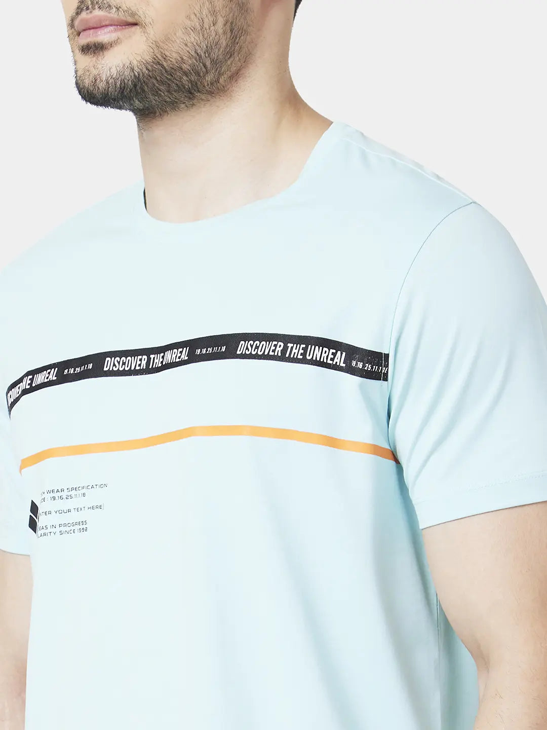 Spykar Men Bleached Aqua Blended Slim Fit Half Sleeve Round Neck Printed Tshirt