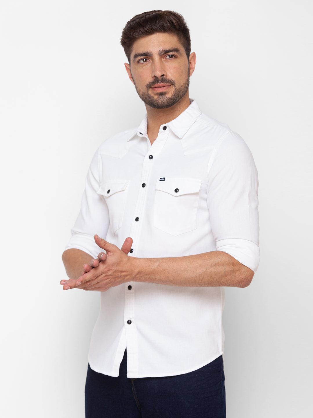 Spykar Pearl White Cotton Full Sleeve Denim Shirt For Men