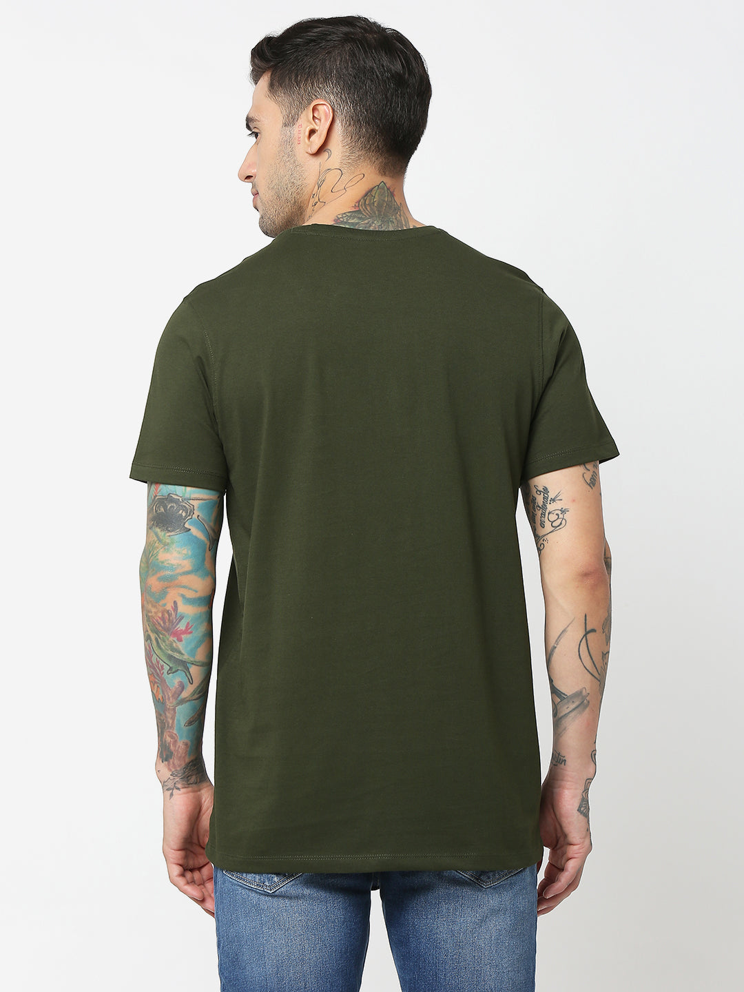 Spykar Men Olive Green Cotton Slim Fit Round Neck Printed T-Shirt