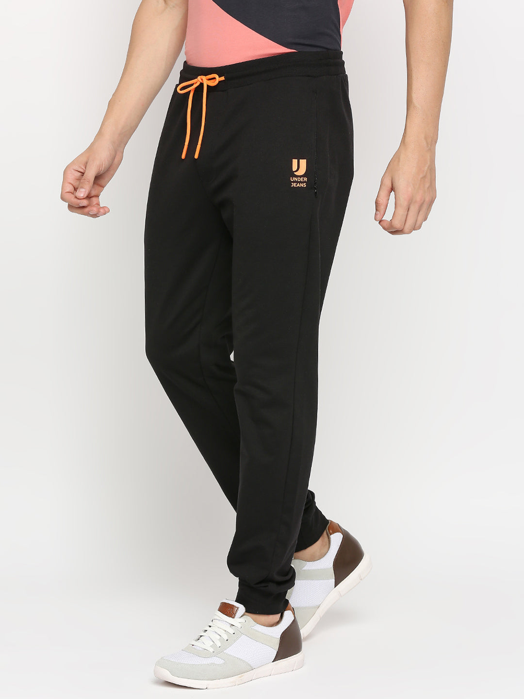Men Premium Black Cotton Regular Fit Trackpant- Underjeans By Spykar