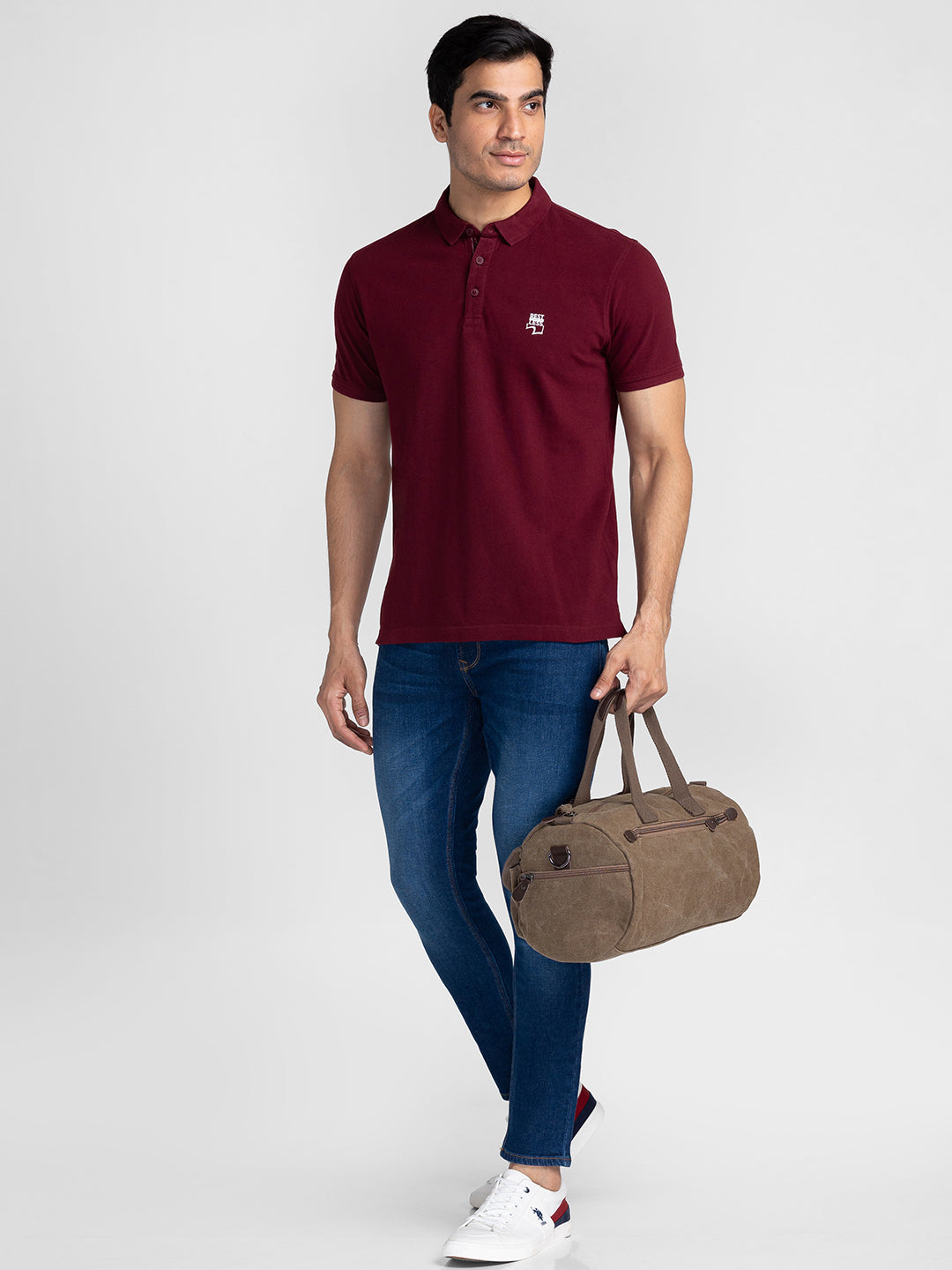 Spykar Men Wine Cotton Slim Fit Polo Printed T-Shirt