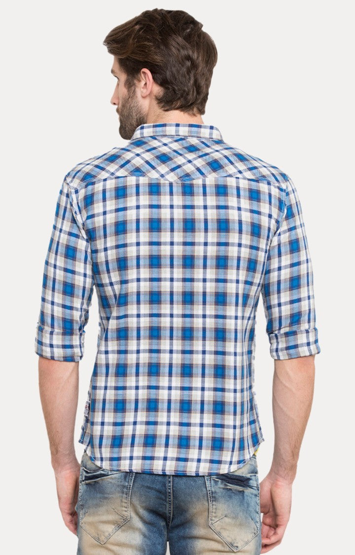 Spykar Men Blue Cotton Slim Fit Checkered Shirts