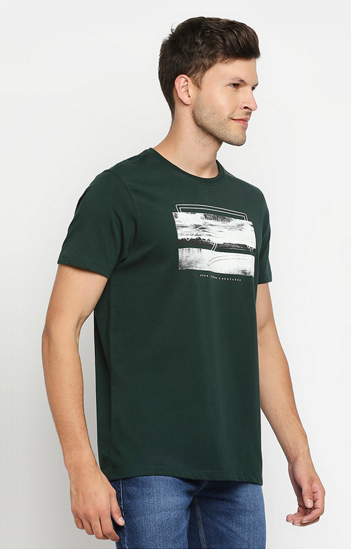 Spykar Men Green Cotton Slim Fit Round Neck T-Shirt