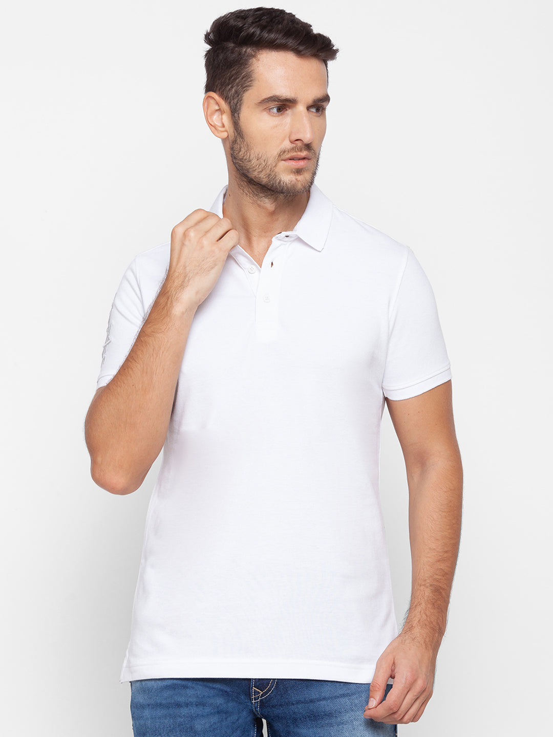 Spykar Men White Cotton Slim Fit Polo T-Shirt