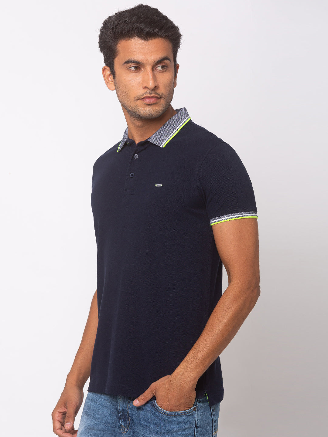 Spykar Men Blue Cotton Slim Fit Polo T-Shirt