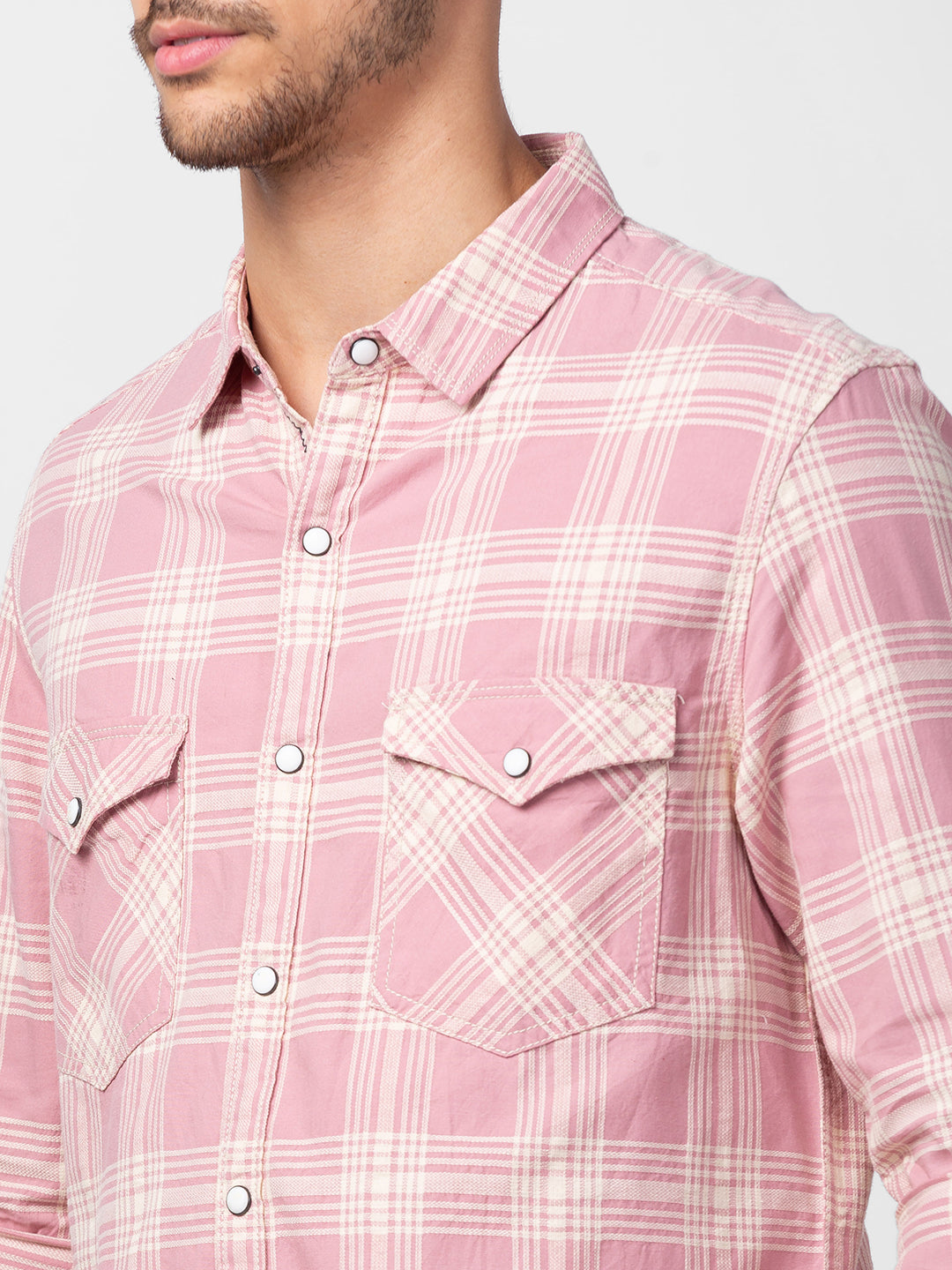 Spykar Men Dusty Pink Cotton Slim Fit Checkered Shirt