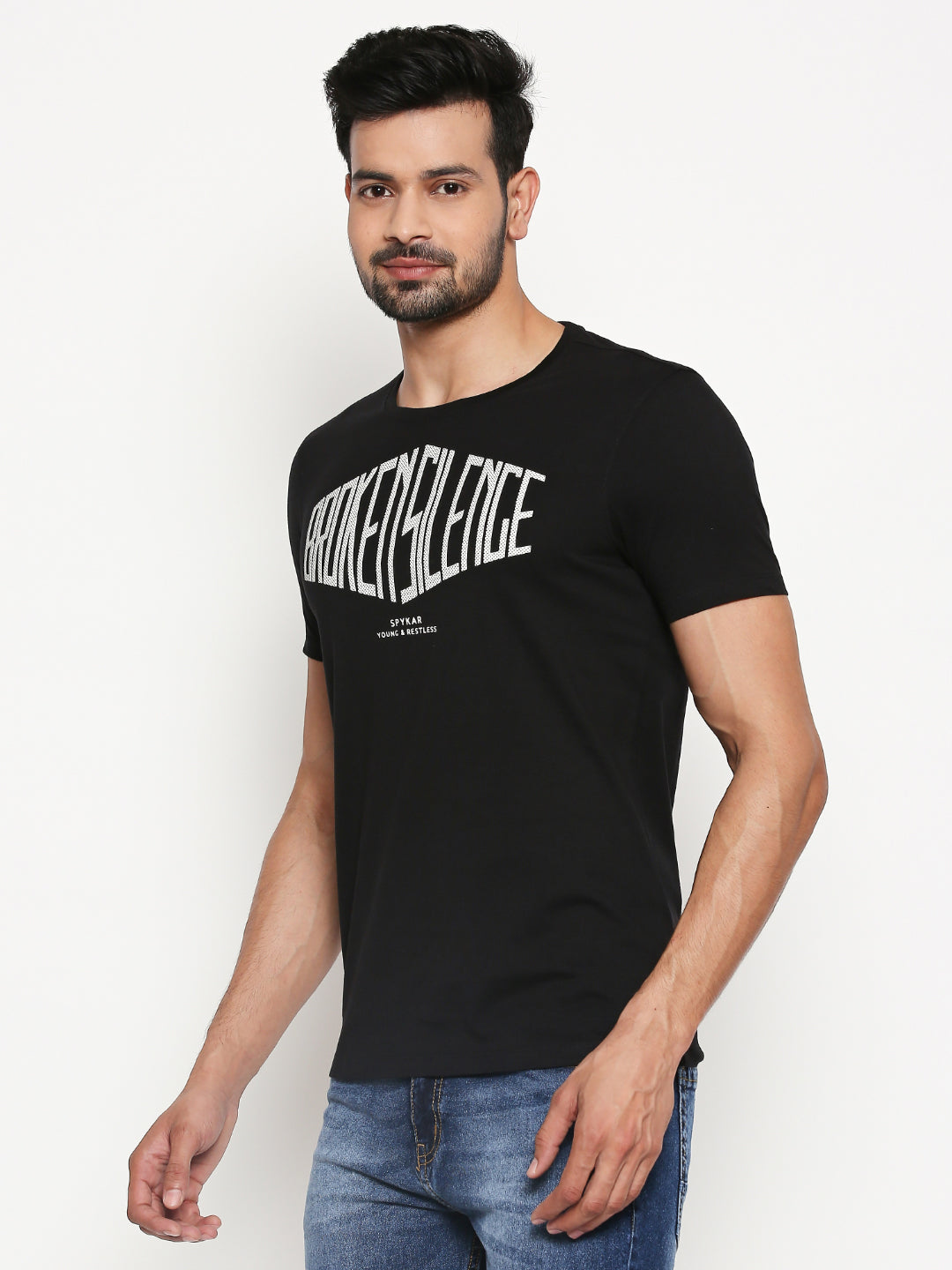 Spykar Men Black Cotton Slim Fit Half Sleeve Printed T-Shirt