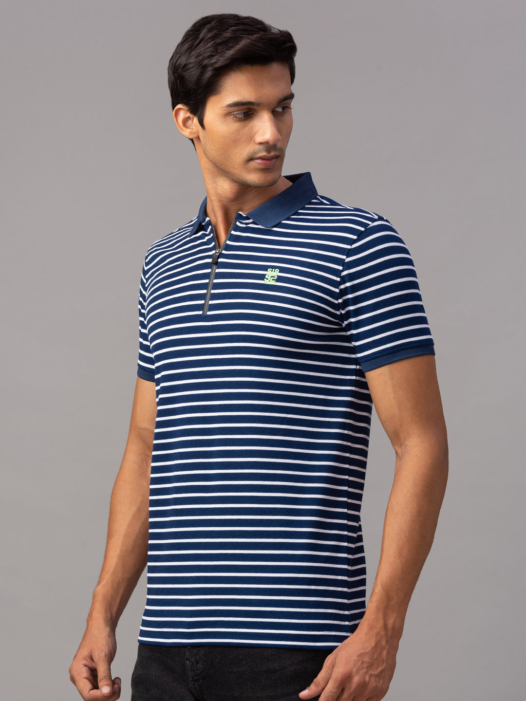 Spykar Men Blue Cotton Printed Half Sleeve Polo Tshirt