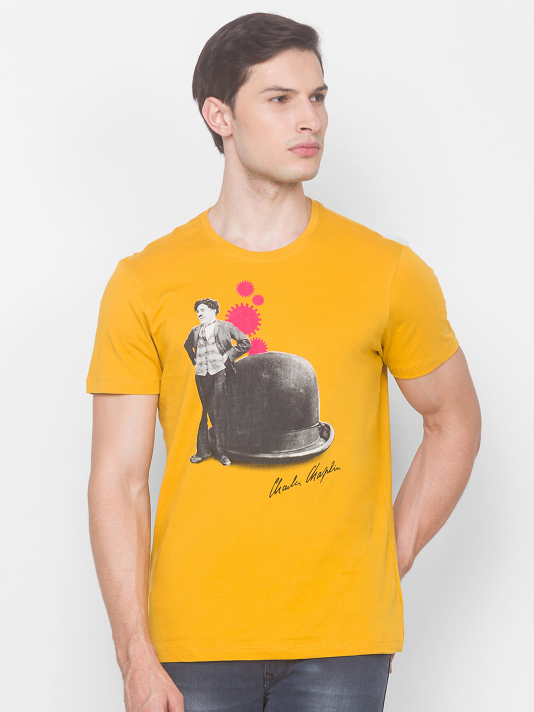 Charlie Chaplin Spykar Men Yellow Cotton Slim Fit Round Neck T-Shirt