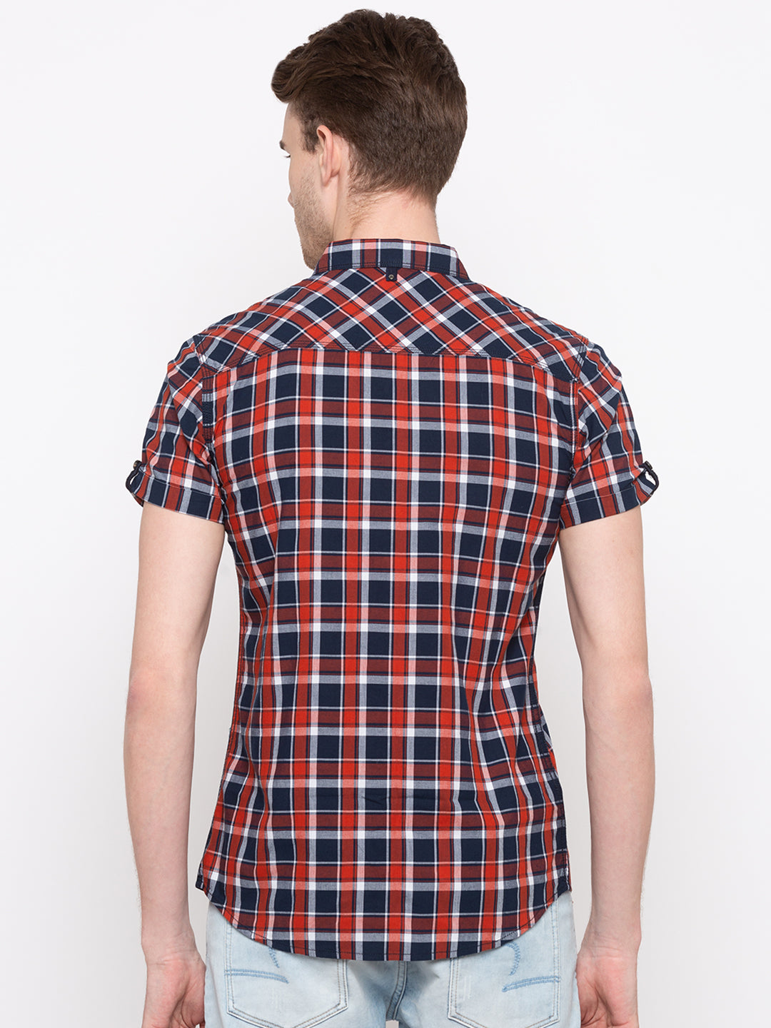 Spykar Men Navy & Orange Checked Slim Fit Casual Shirt