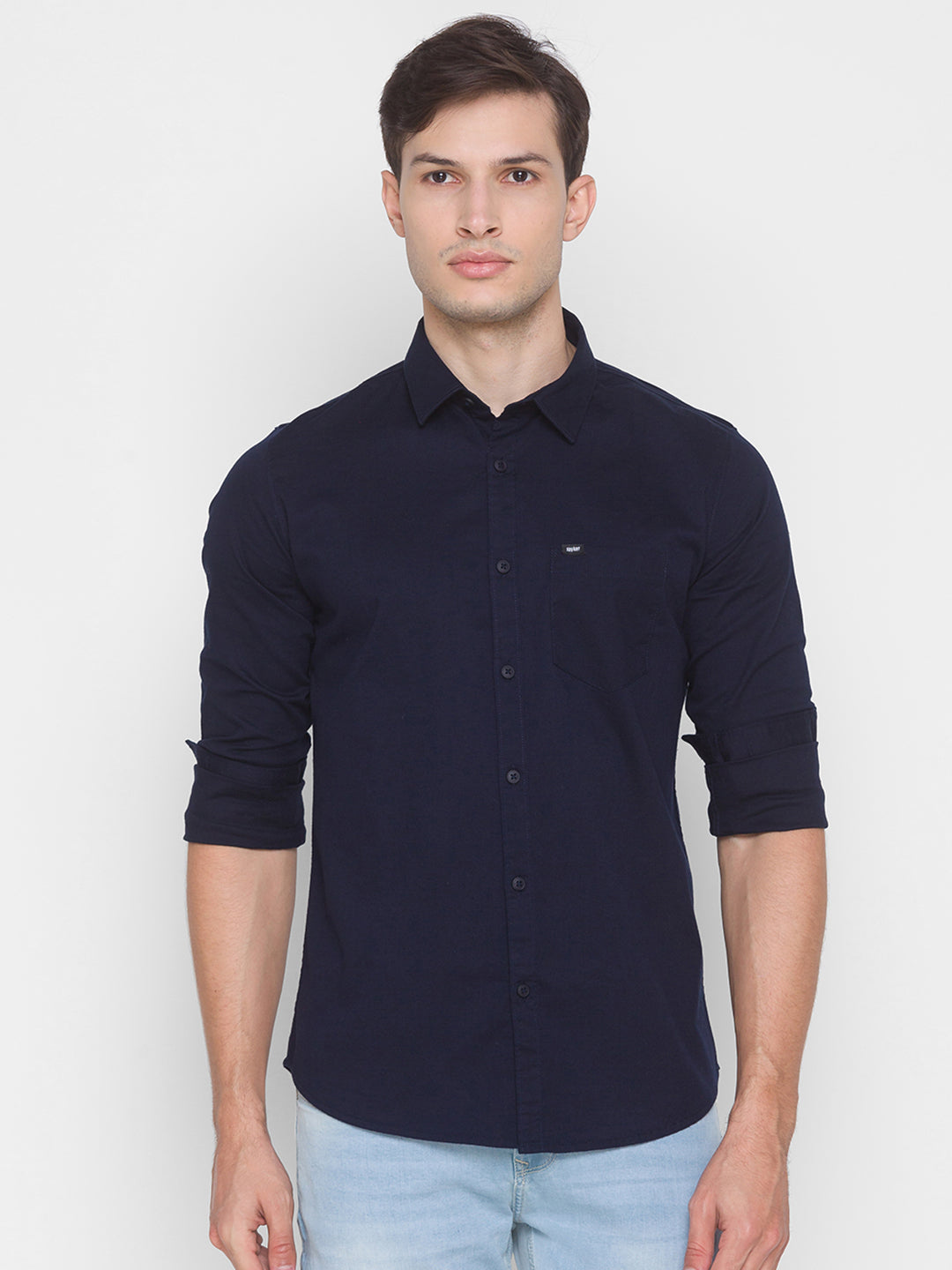 Spykar Slim Fit Blue Cotton Men Shirt