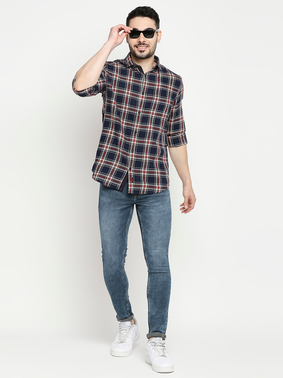 Spykar Navy Rust Cotton Full Sleeve Checkered Shirt For Men