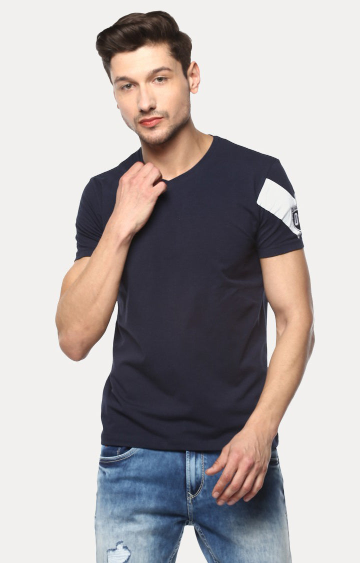 Spykar Navy Blue Solid Slim Fit Men T-Shirts