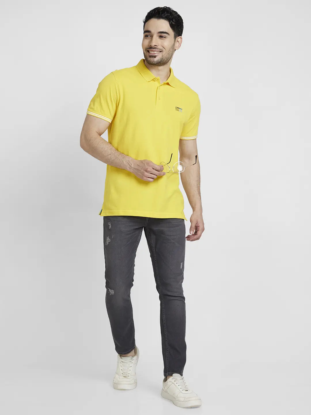 Spykar Men Yellow Cotton Slim Fit Plain Polo Tshirt