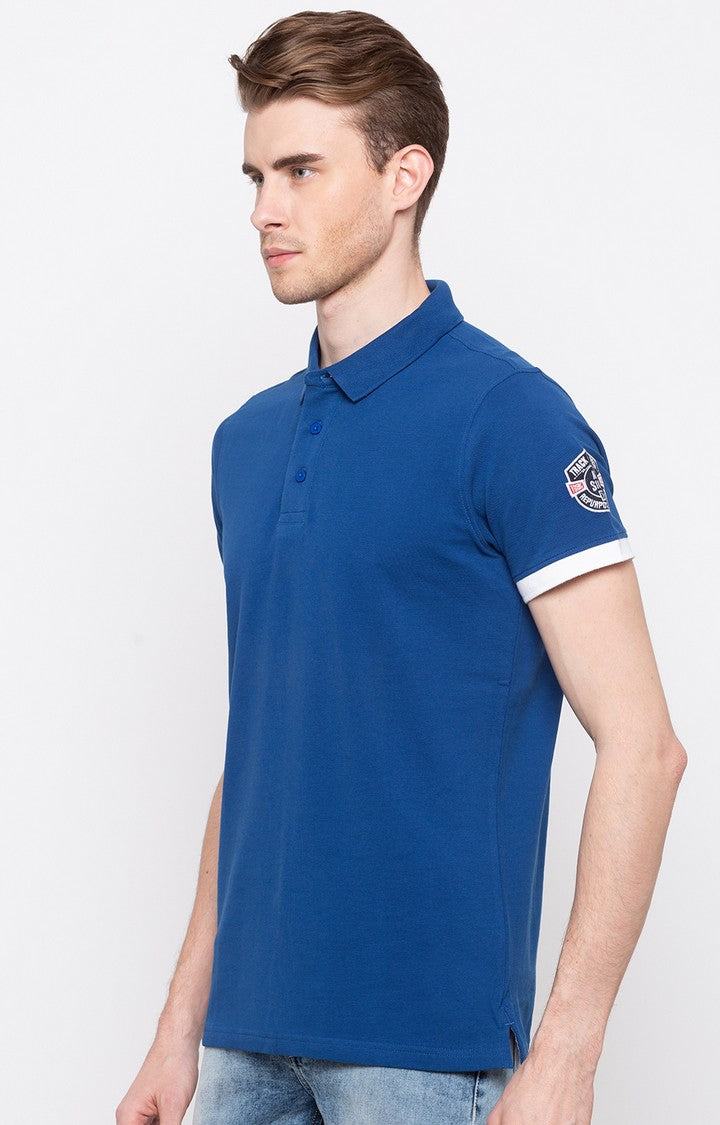 Spykar Royal Blue Solid Slim Fit Polo T-Shirt