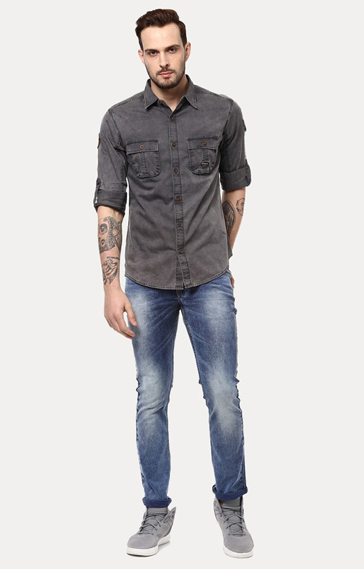 Spykar Men'S Grey Cotton Solid Casual Shirts