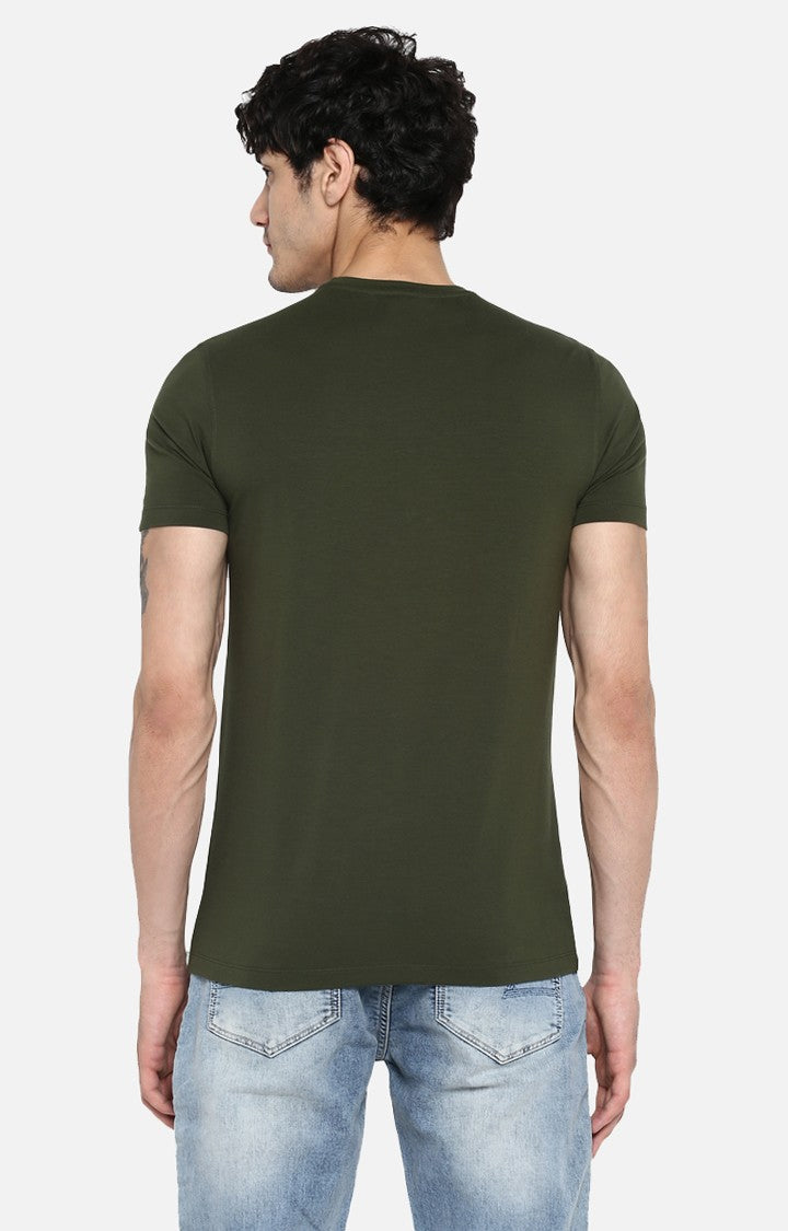 Spykar Olive Printed Slim Fit Men T-Shirts